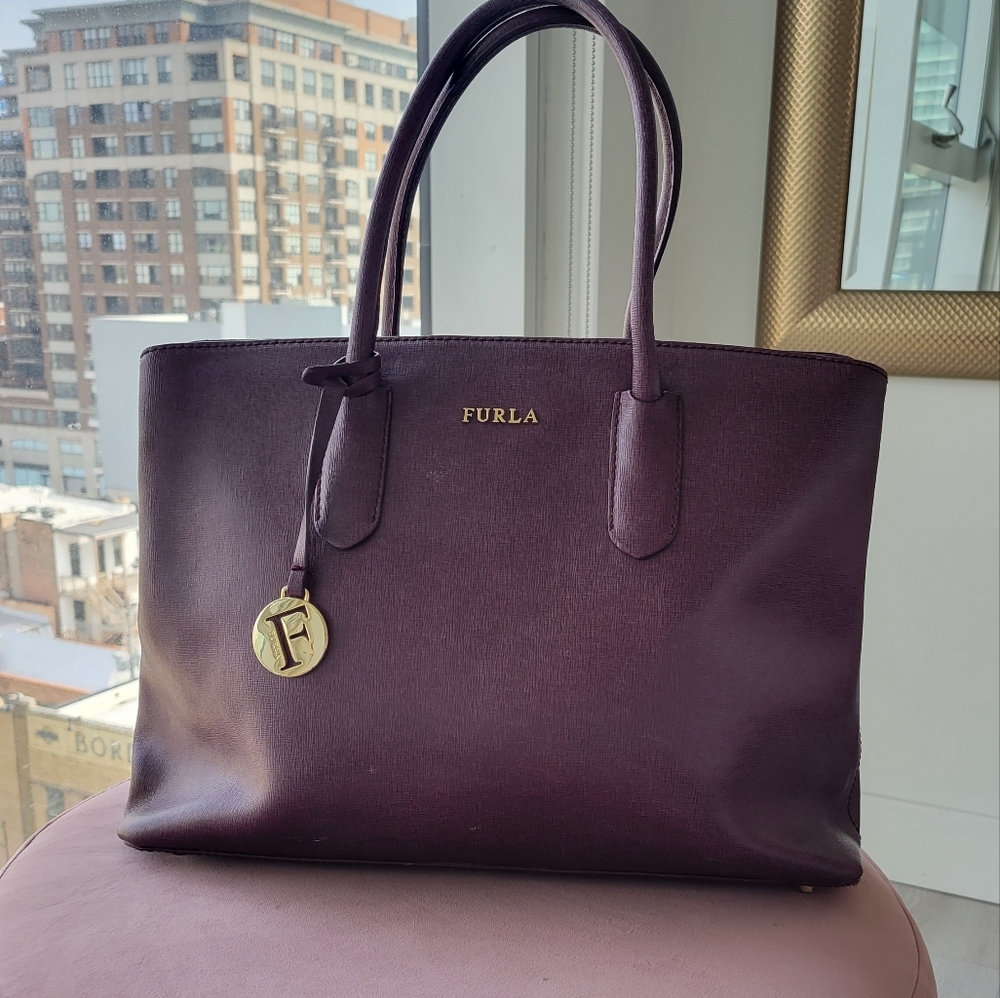 Furla Burgandy/Wine Tote Bag with detachable Shoulder strap